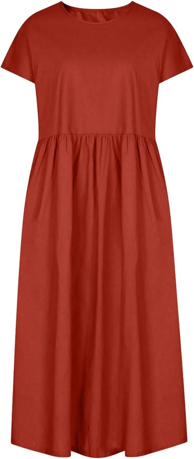 Linen Dresses for Women 2024 Casual Summer Vacation Midi Dress Comfy Loose Fit Smocked Short Sleeve Sun Dresses