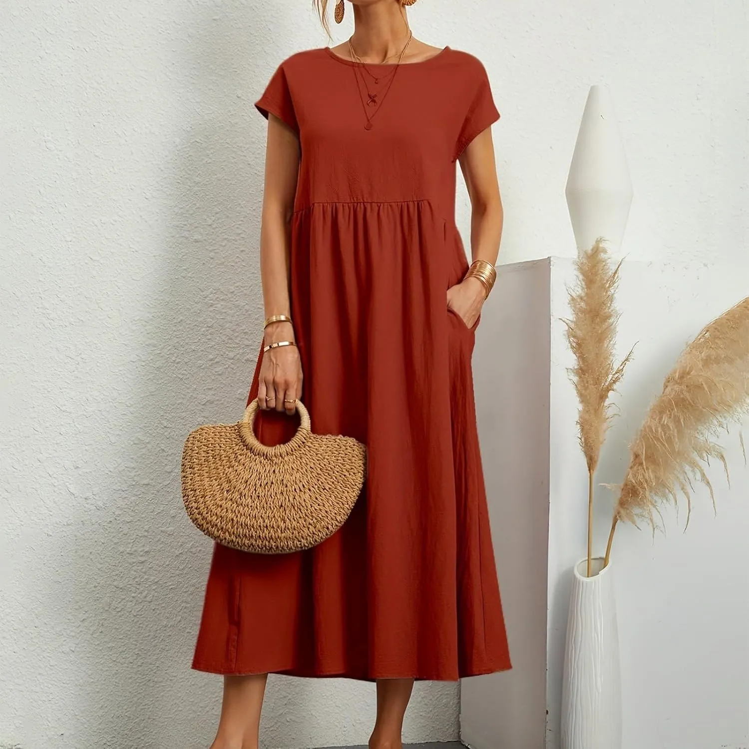 Linen Dresses for Women 2024 Casual Summer Vacation Midi Dress Comfy Loose Fit Smocked Short Sleeve Sun Dresses