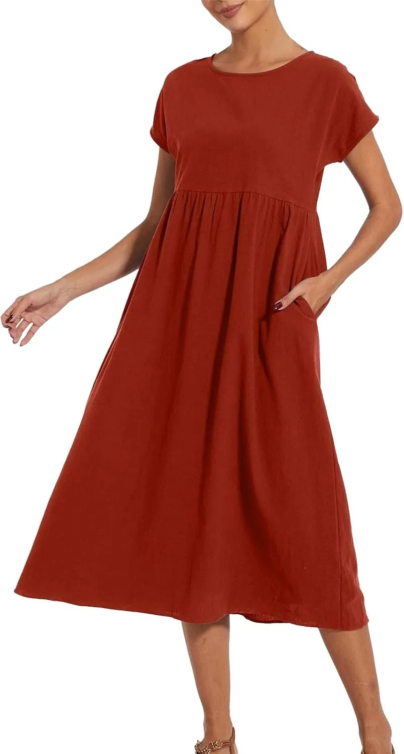 Linen Dresses for Women 2024 Casual Summer Vacation Midi Dress Comfy Loose Fit Smocked Short Sleeve Sun Dresses