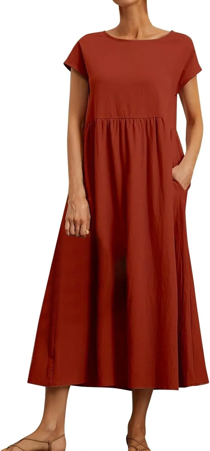 Linen Dresses for Women 2024 Casual Summer Vacation Midi Dress Comfy Loose Fit Smocked Short Sleeve Sun Dresses