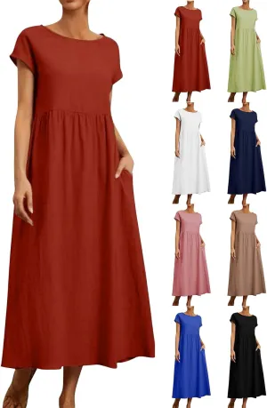 Linen Dresses for Women 2024 Casual Summer Vacation Midi Dress Comfy Loose Fit Smocked Short Sleeve Sun Dresses
