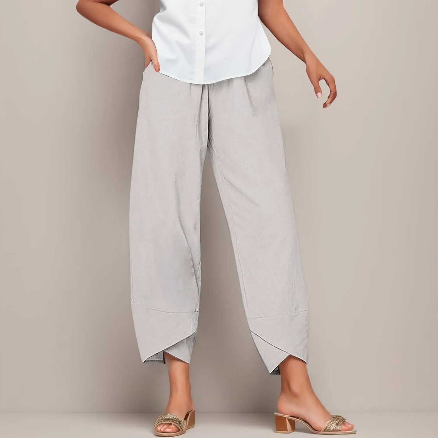 Linen Pants for Women Baggy Capri Pants Summer Casual Capri Pants High Waisted Comfy Cropped Palazzo Trousers