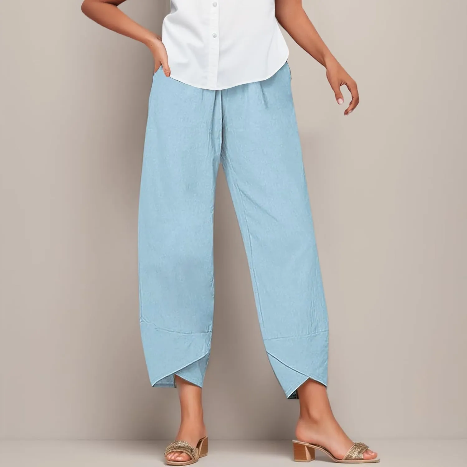 Linen Pants for Women Baggy Capri Pants Summer Casual Capri Pants High Waisted Comfy Cropped Palazzo Trousers