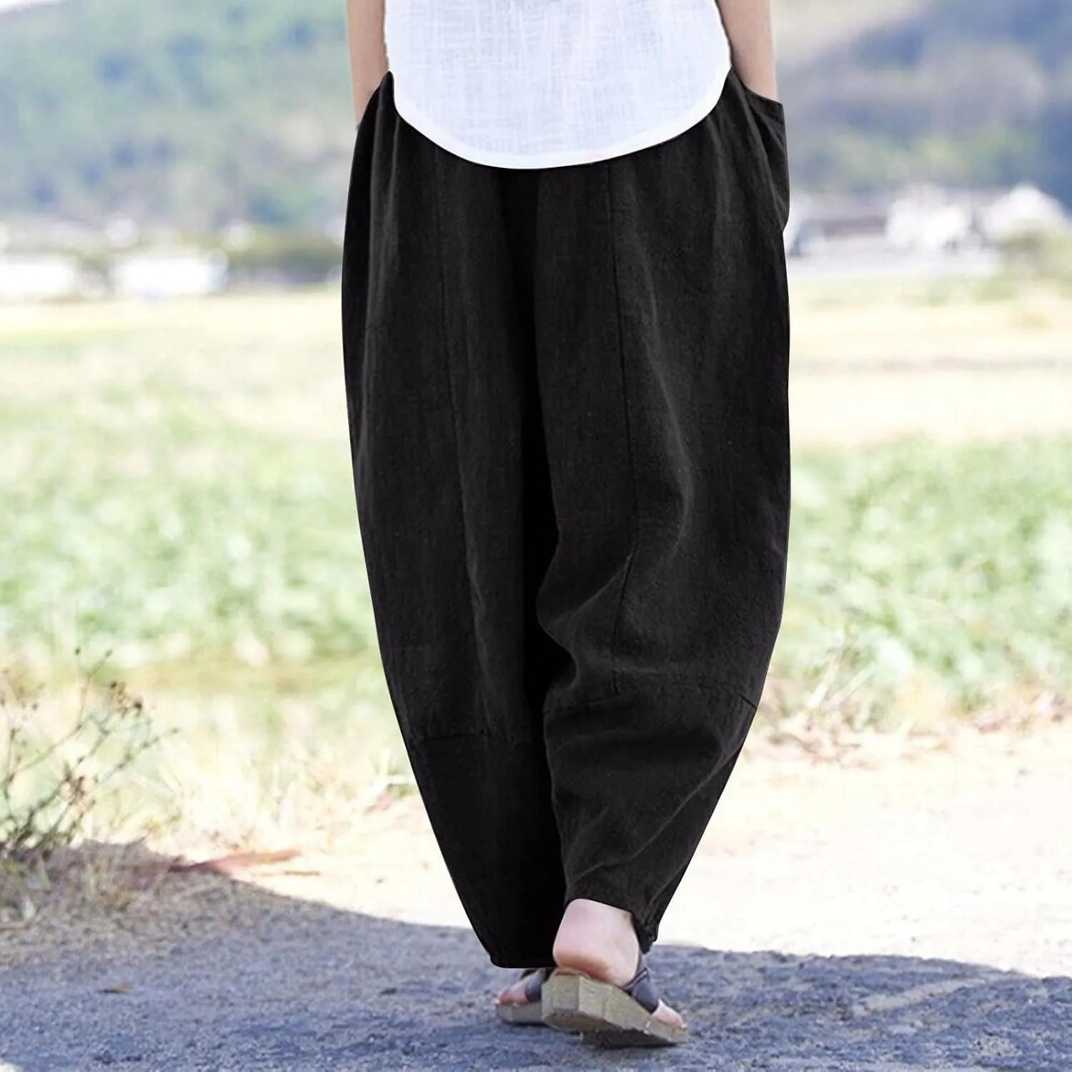 Linen Pants for Women Pleated Womens Summer Pants with Pockets Casual Elastic Waist Lantern Slacks Loose Fit Trousers