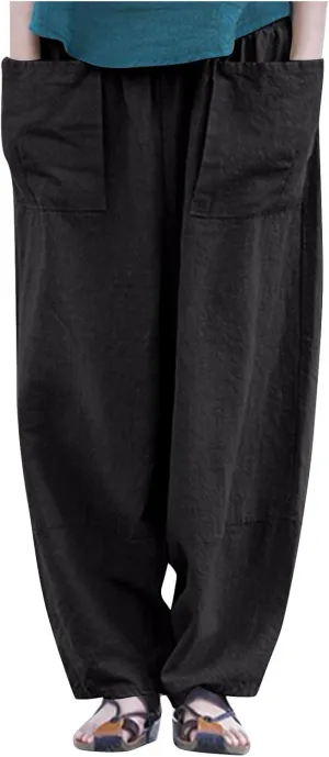 Linen Pants for Women Pleated Womens Summer Pants with Pockets Casual Elastic Waist Lantern Slacks Loose Fit Trousers