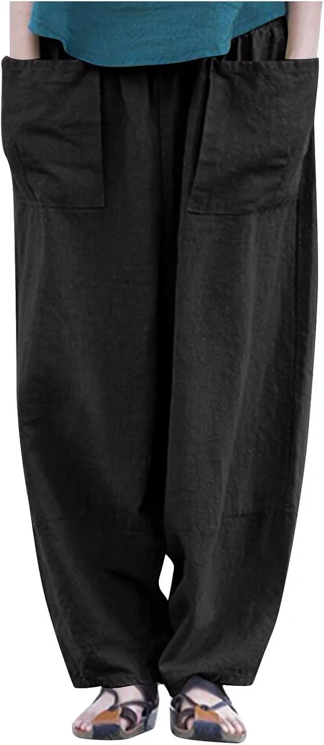 Linen Pants for Women Pleated Womens Summer Pants with Pockets Casual Elastic Waist Lantern Slacks Loose Fit Trousers