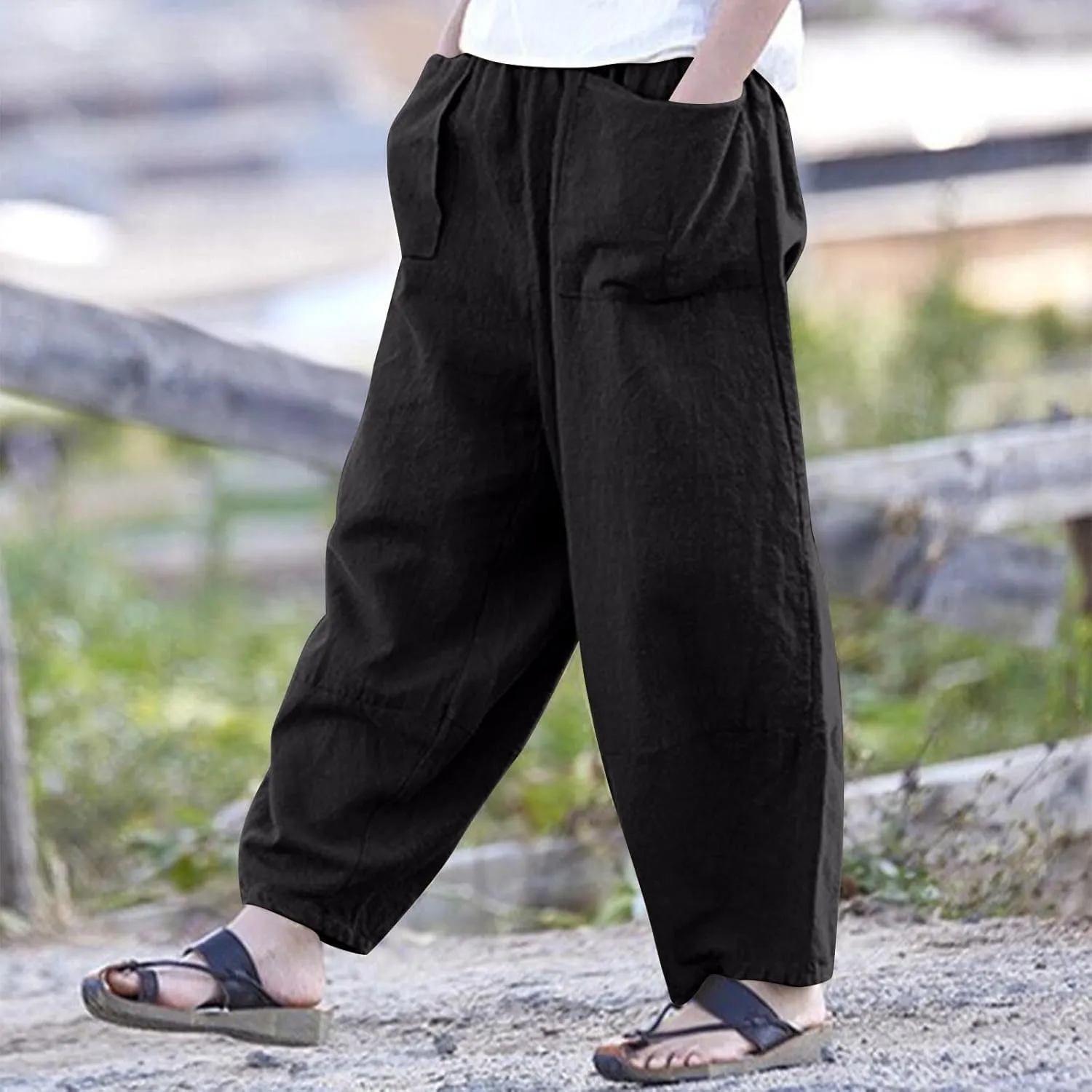 Linen Pants for Women Pleated Womens Summer Pants with Pockets Casual Elastic Waist Lantern Slacks Loose Fit Trousers