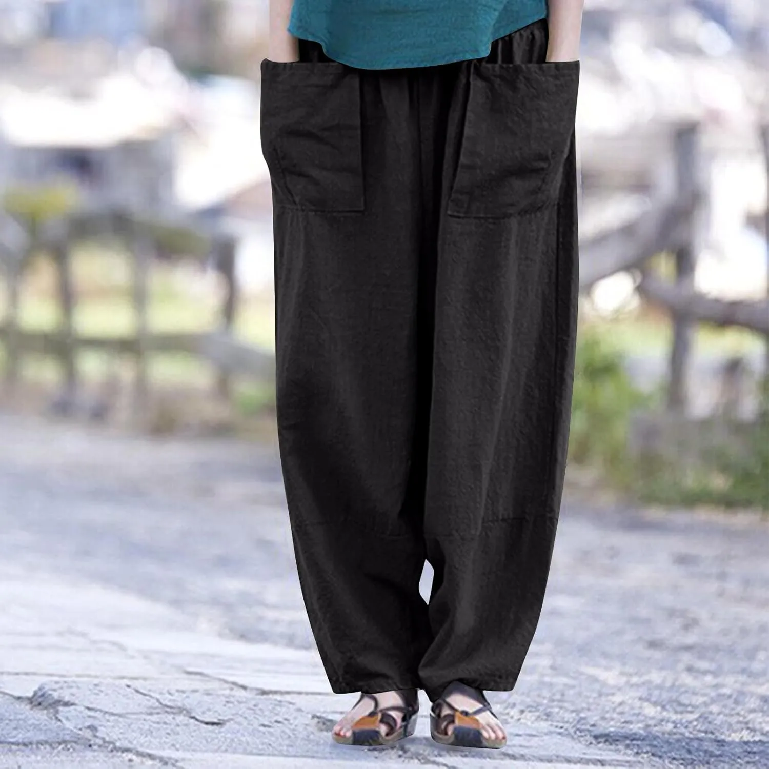 Linen Pants for Women Pleated Womens Summer Pants with Pockets Casual Elastic Waist Lantern Slacks Loose Fit Trousers