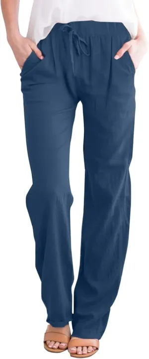 Linen Pants for Women Summer 2024 High Waist Drawstring Loose Fit Straight Leg Lounge Trouser with Side Pockets