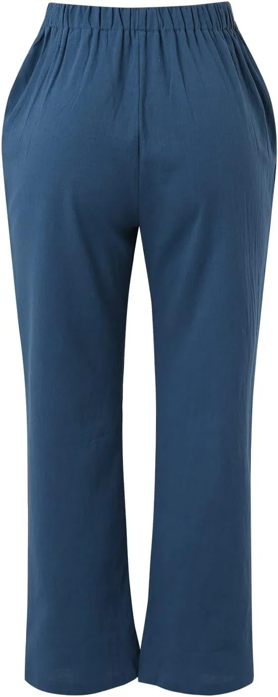 Linen Pants for Women Summer 2024 High Waist Drawstring Loose Fit Straight Leg Lounge Trouser with Side Pockets