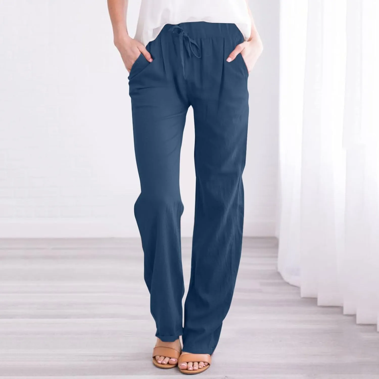 Linen Pants for Women Summer 2024 High Waist Drawstring Loose Fit Straight Leg Lounge Trouser with Side Pockets