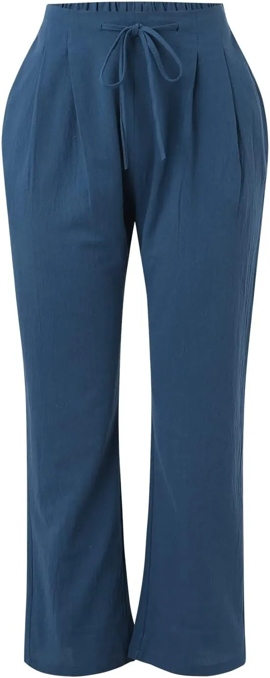 Linen Pants for Women Summer 2024 High Waist Drawstring Loose Fit Straight Leg Lounge Trouser with Side Pockets