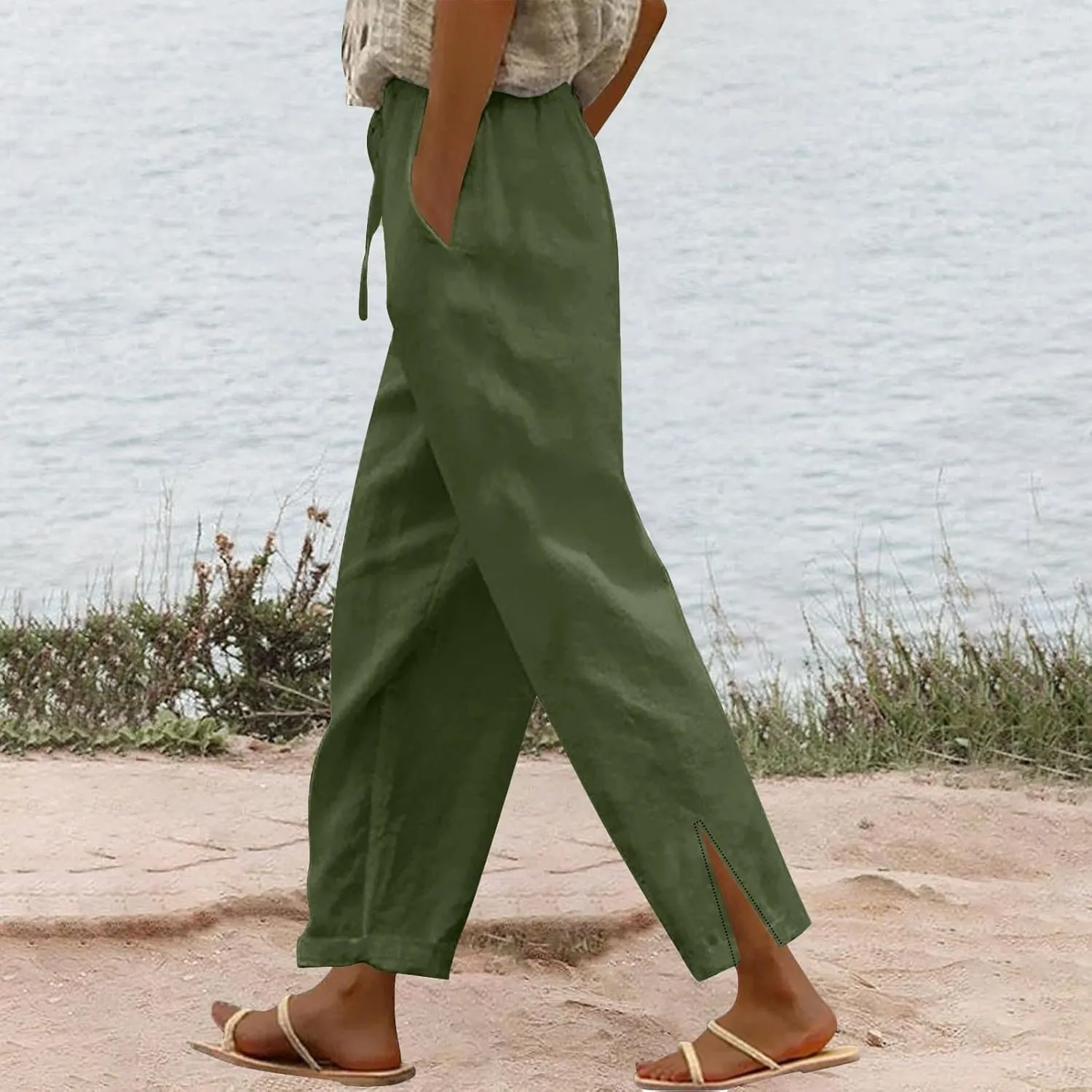 Linen Pants for Women Summer 2025 Elastic Waist Straight Leg Lightweight Pants Vacation Beach Casual Trendy Trousers