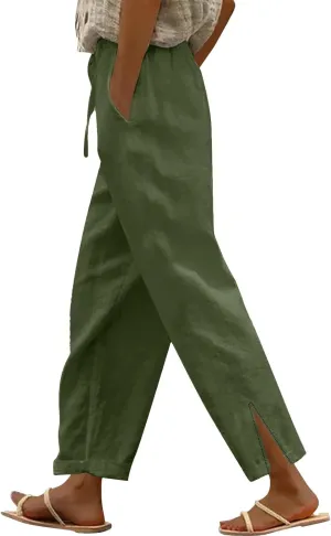 Linen Pants for Women Summer 2025 Elastic Waist Straight Leg Lightweight Pants Vacation Beach Casual Trendy Trousers