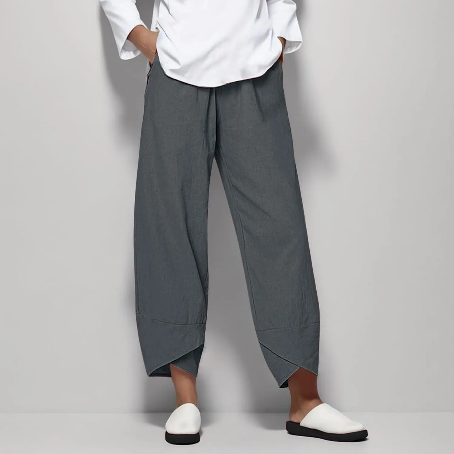 Linen Pants Women Capri Pants Casual Cropped Baggy Trousers Elastic Waisted Yoga Comfy Loose Palazzo Lounge Pants