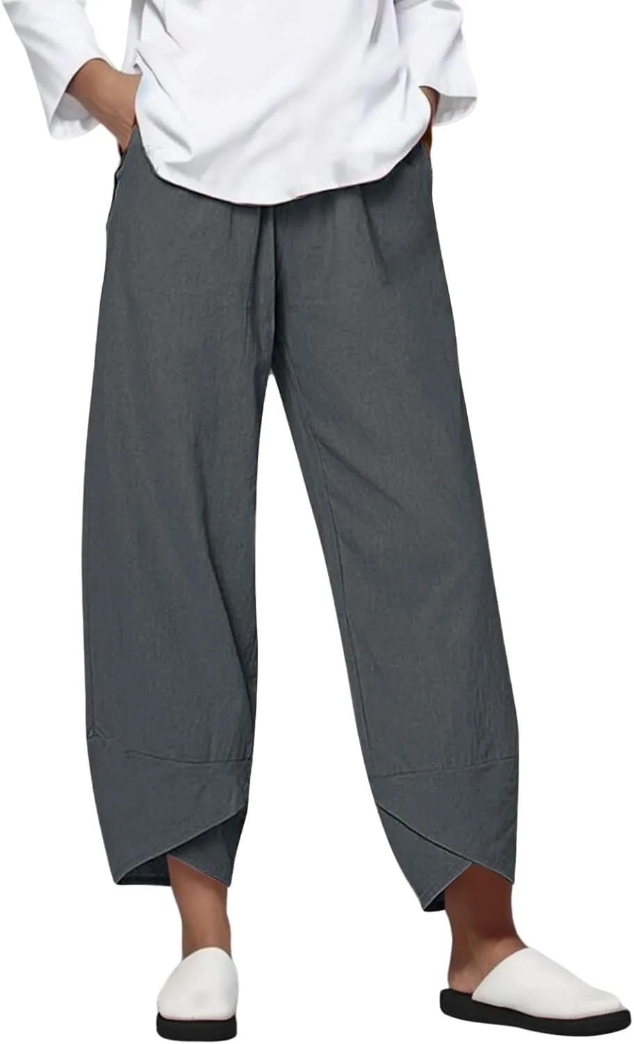 Linen Pants Women Capri Pants Casual Cropped Baggy Trousers Elastic Waisted Yoga Comfy Loose Palazzo Lounge Pants