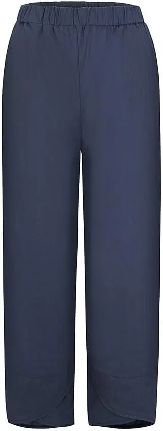 Linen Pants Women Capri Pants Casual Cropped Baggy Trousers Elastic Waisted Yoga Comfy Loose Palazzo Lounge Pants