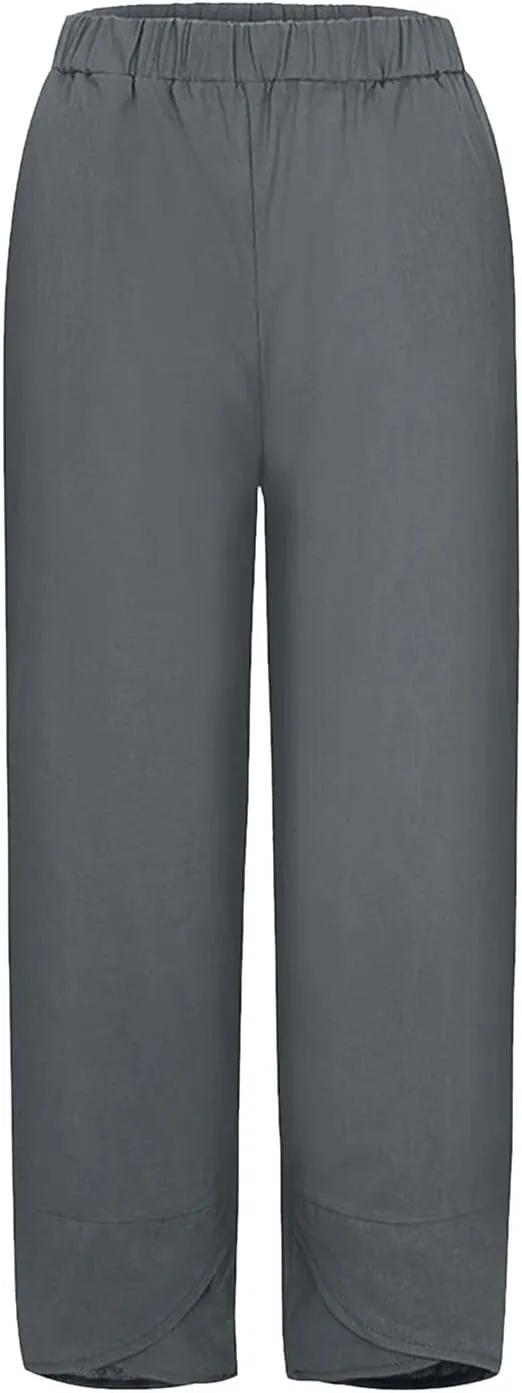 Linen Pants Women Capri Pants Casual Cropped Baggy Trousers Elastic Waisted Yoga Comfy Loose Palazzo Lounge Pants