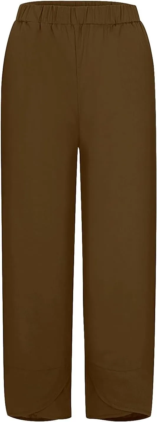 Linen Pants Women Capri Pants Casual Cropped Baggy Trousers Elastic Waisted Yoga Comfy Loose Palazzo Lounge Pants