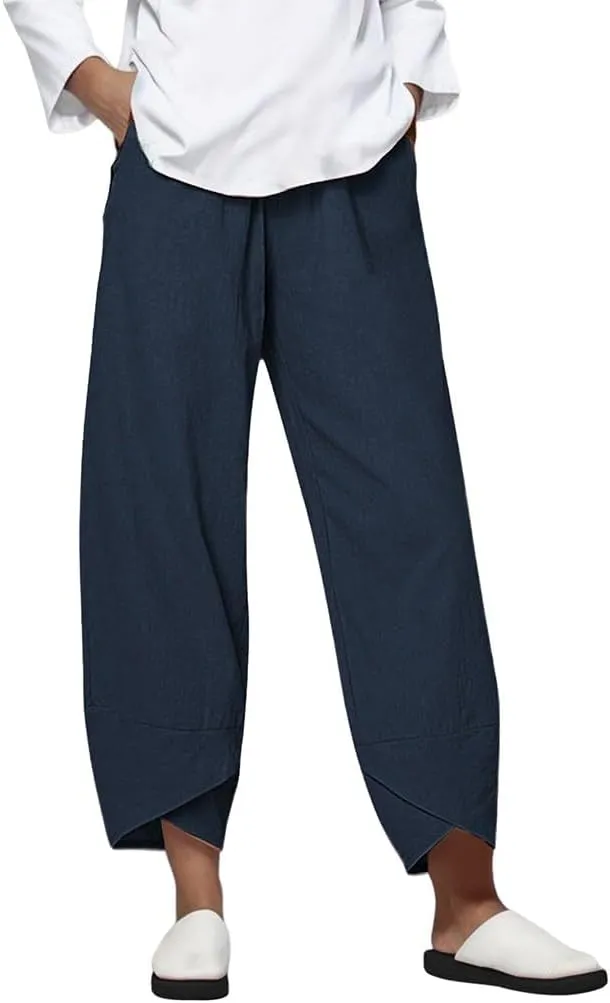 Linen Pants Women Capri Pants Casual Cropped Baggy Trousers Elastic Waisted Yoga Comfy Loose Palazzo Lounge Pants