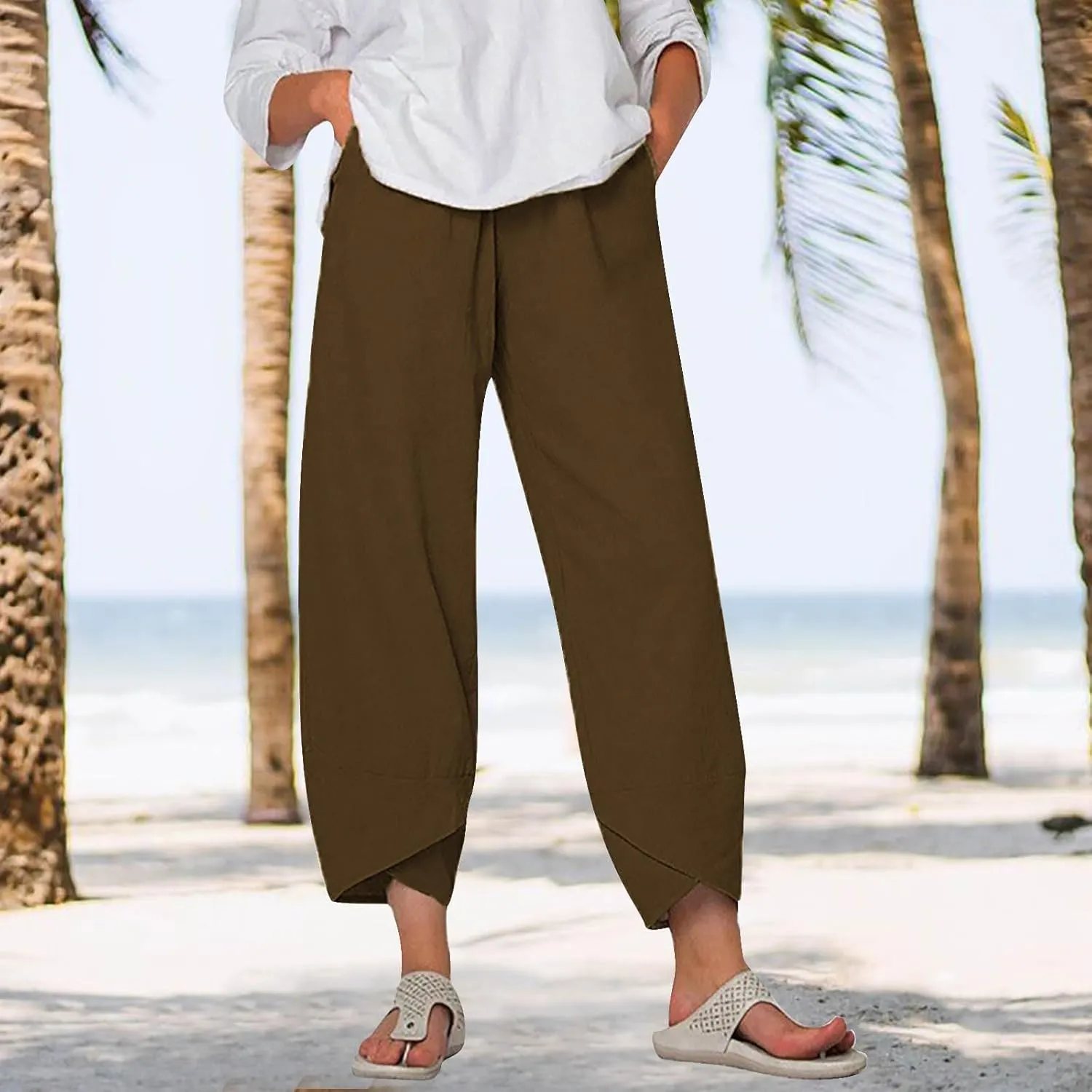 Linen Pants Women Capri Pants Casual Cropped Baggy Trousers Elastic Waisted Yoga Comfy Loose Palazzo Lounge Pants