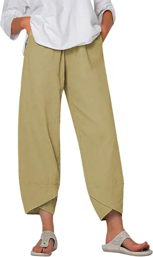 Linen Pants Women Capri Pants Casual Cropped Baggy Trousers Elastic Waisted Yoga Comfy Loose Palazzo