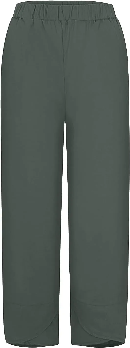 Linen Pants Women Capri Pants Casual Cropped Baggy Trousers Elastic Waisted Yoga Comfy Loose Palazzo