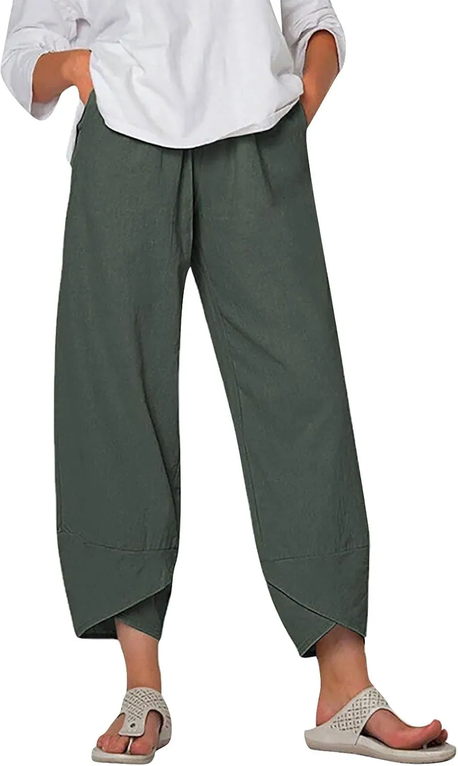 Linen Pants Women Capri Pants Casual Cropped Baggy Trousers Elastic Waisted Yoga Comfy Loose Palazzo