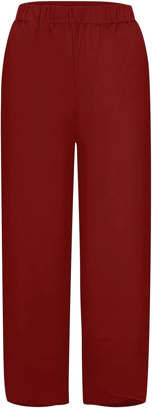 Linen Pants Women Capri Pants Casual Cropped Baggy Trousers Elastic Waisted Yoga Comfy Loose Palazzo