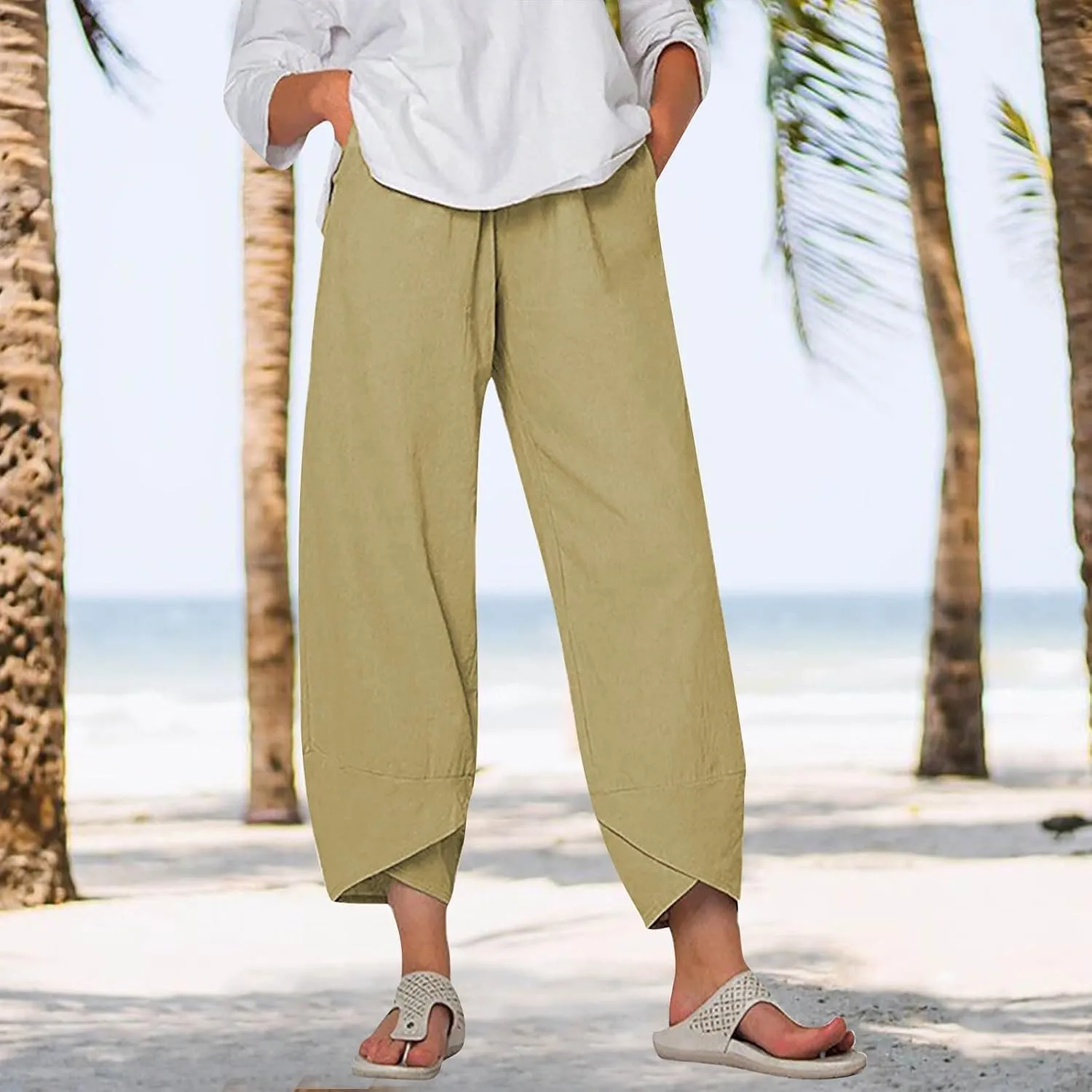 Linen Pants Women Capri Pants Casual Cropped Baggy Trousers Elastic Waisted Yoga Comfy Loose Palazzo