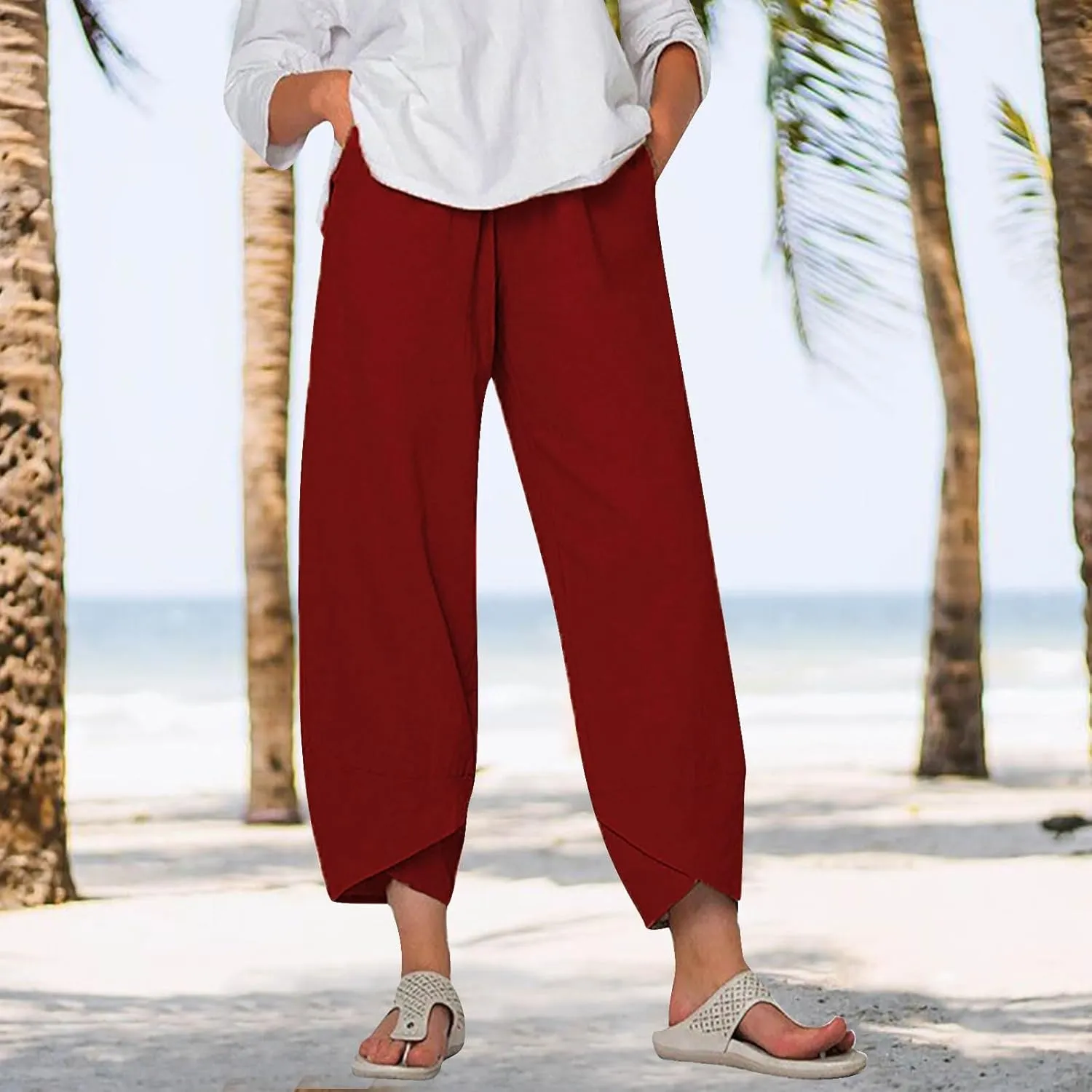 Linen Pants Women Capri Pants Casual Cropped Baggy Trousers Elastic Waisted Yoga Comfy Loose Palazzo
