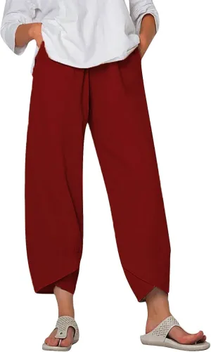 Linen Pants Women Capri Pants Casual Cropped Baggy Trousers Elastic Waisted Yoga Comfy Loose Palazzo