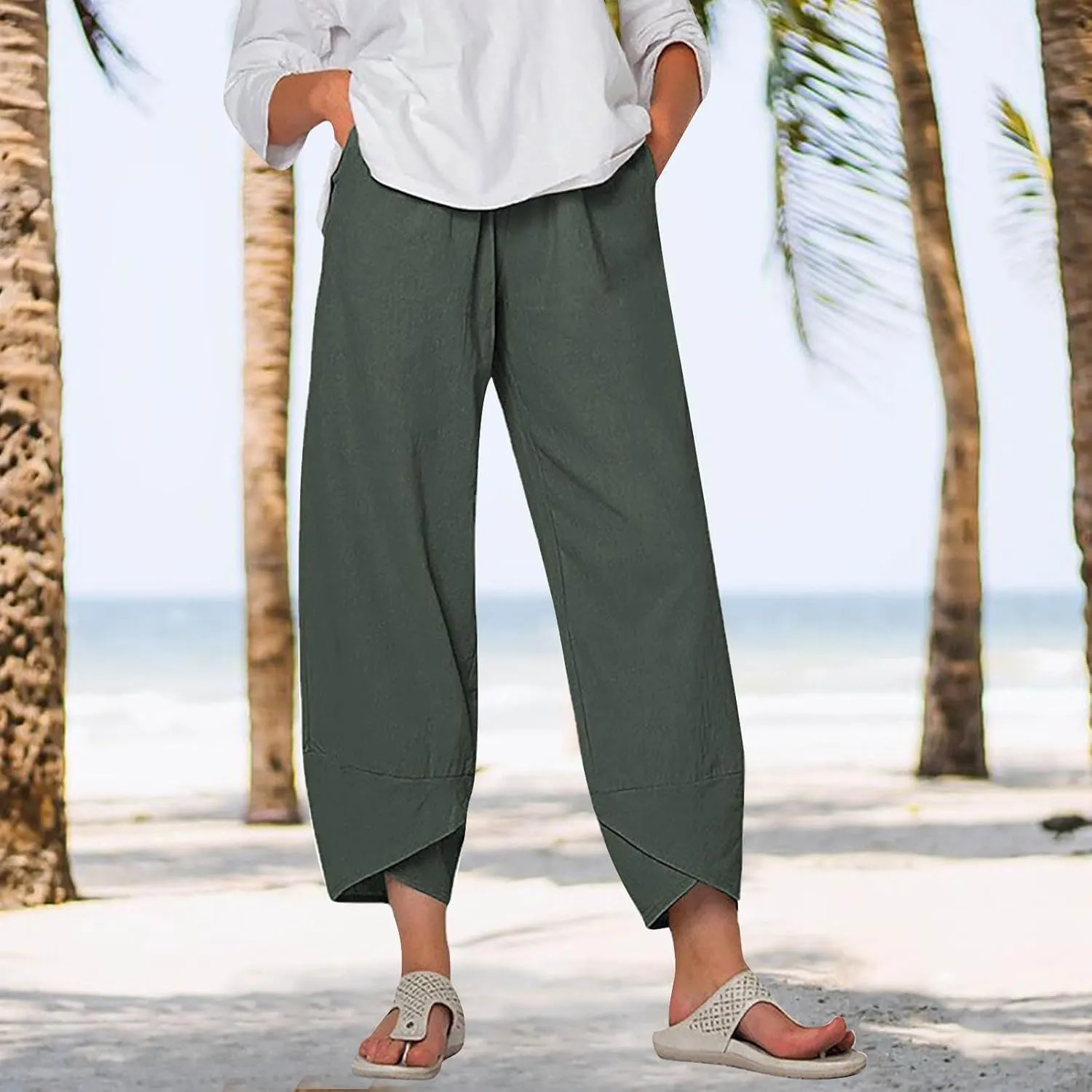 Linen Pants Women Capri Pants Casual Cropped Baggy Trousers Elastic Waisted Yoga Comfy Loose Palazzo