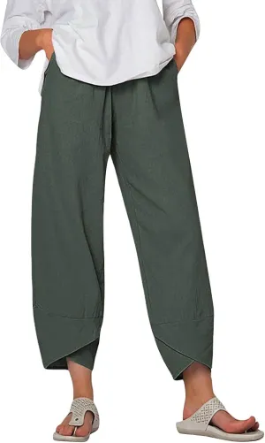 Linen Pants Women Capri Pants Casual Cropped Baggy Trousers Elastic Waisted Yoga Comfy Loose Palazzo