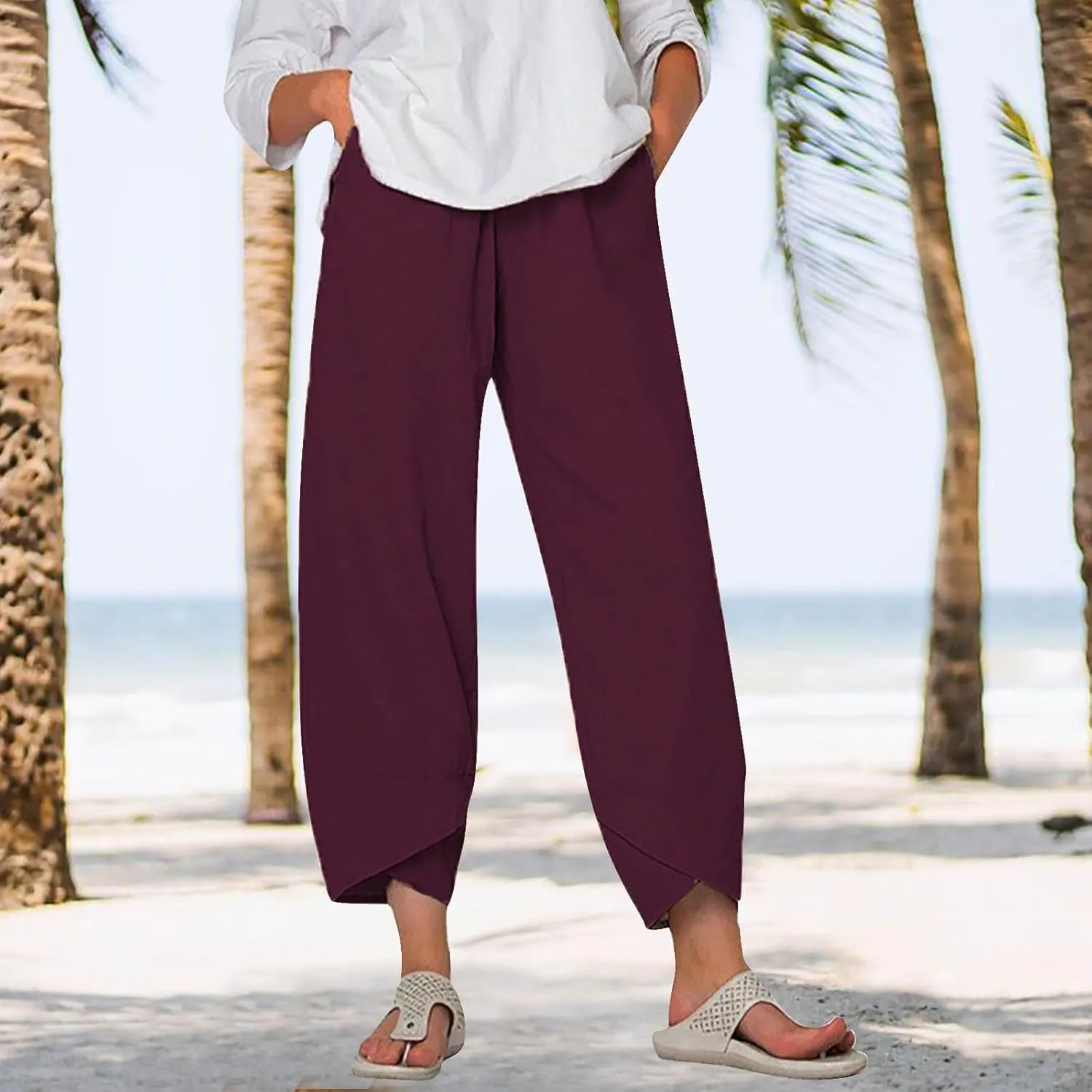 Linen Pants Women Capri Pants Casual Cropped Baggy Trousers Elastic Waisted Yoga Comfy Loose Palazzo