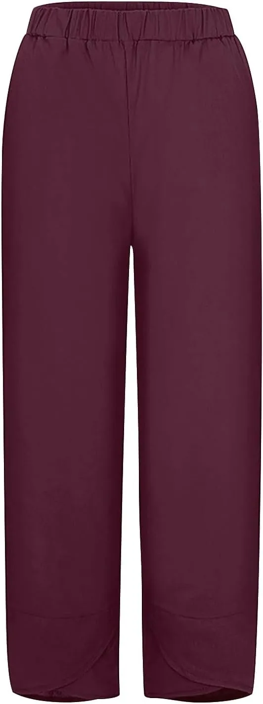 Linen Pants Women Capri Pants Casual Cropped Baggy Trousers Elastic Waisted Yoga Comfy Loose Palazzo