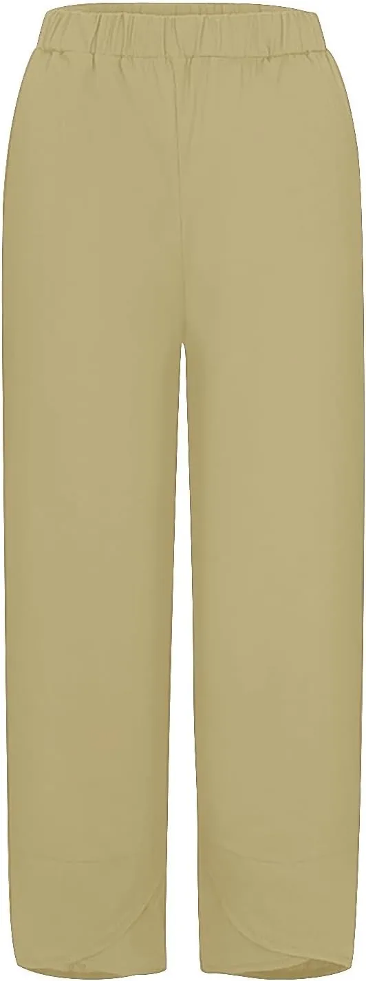 Linen Pants Women Capri Pants Casual Cropped Baggy Trousers Elastic Waisted Yoga Comfy Loose Palazzo