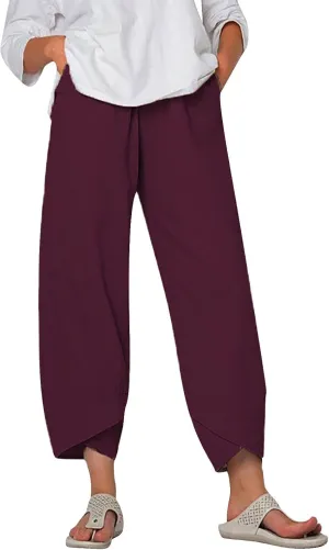 Linen Pants Women Capri Pants Casual Cropped Baggy Trousers Elastic Waisted Yoga Comfy Loose Palazzo