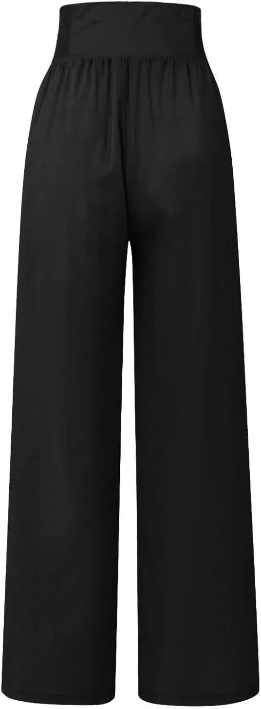 Linen Pants Women Comfy Flowy Wide Leg Pants Trousers Summer High Waisted Beach Palazzo Pants with Pockets 2025