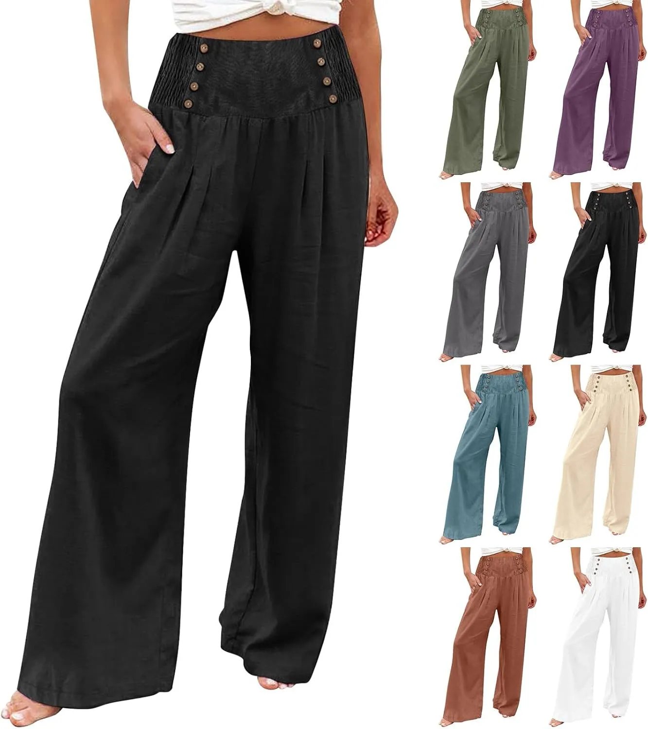 Linen Pants Women Comfy Flowy Wide Leg Pants Trousers Summer High Waisted Beach Palazzo Pants with Pockets 2025