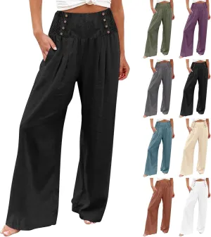 Linen Pants Women Comfy Flowy Wide Leg Pants Trousers Summer High Waisted Beach Palazzo Pants with Pockets 2025