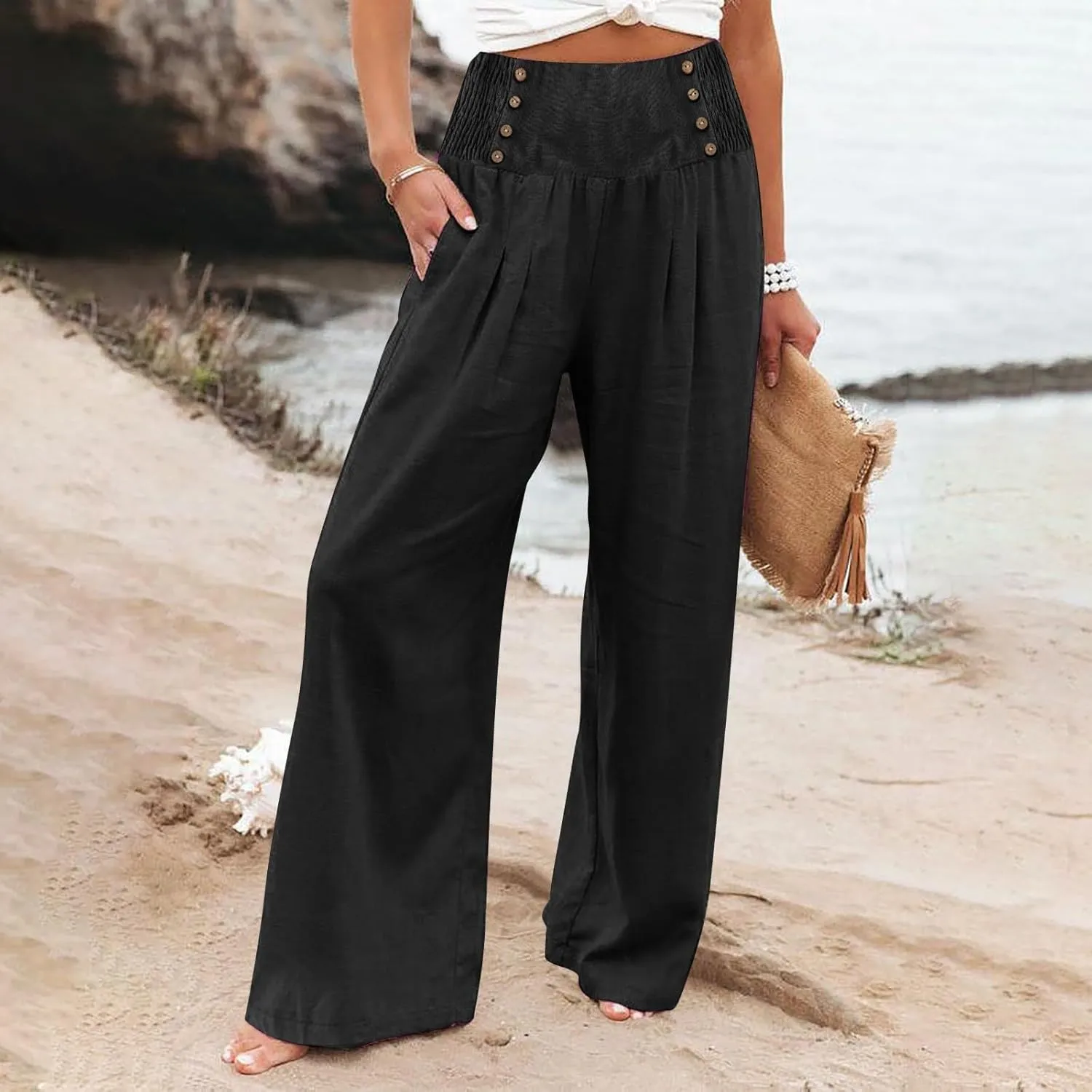 Linen Pants Women Comfy Flowy Wide Leg Pants Trousers Summer High Waisted Beach Palazzo Pants with Pockets 2025