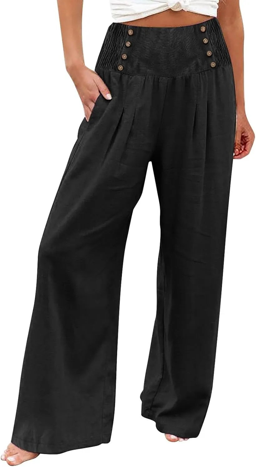 Linen Pants Women Comfy Flowy Wide Leg Pants Trousers Summer High Waisted Beach Palazzo Pants with Pockets 2025