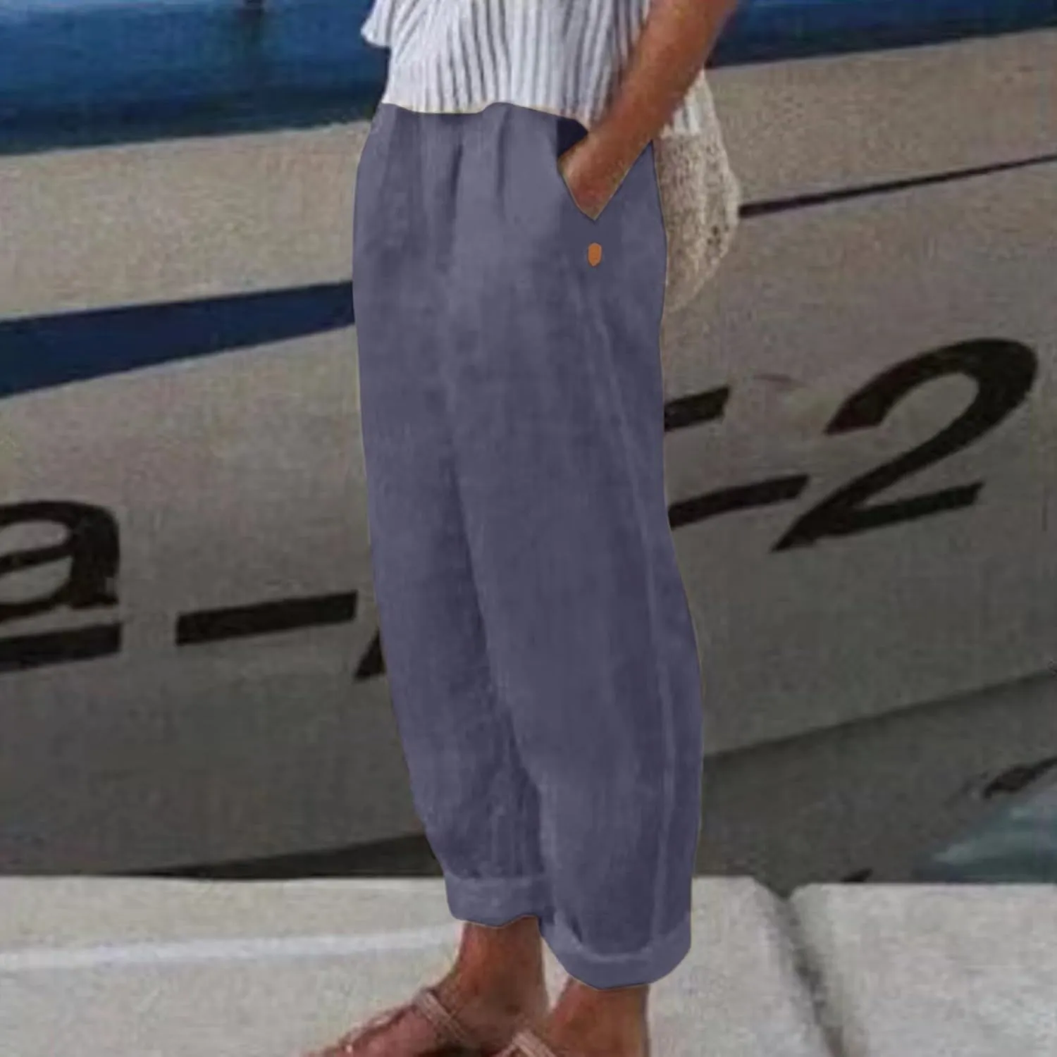 Linen Pants Women Linen Striped Elastic Waist Side Back Four Pockets 9/10 Pants Cotton Linen Casual Summer 2025 Straight