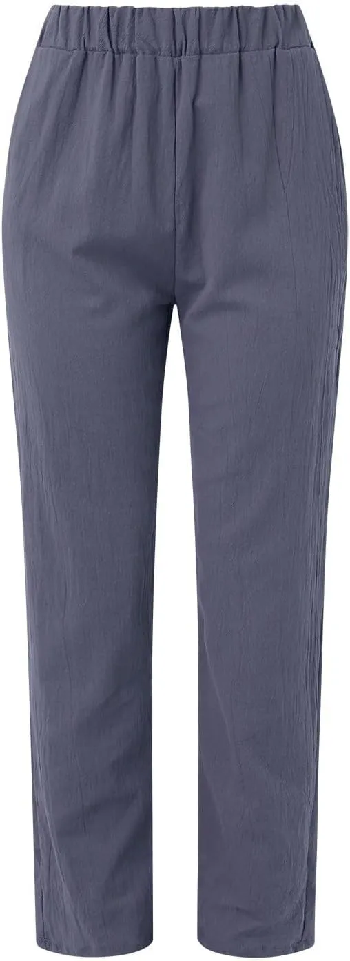 Linen Pants Women Linen Striped Elastic Waist Side Back Four Pockets 9/10 Pants Cotton Linen Casual Summer 2025 Straight