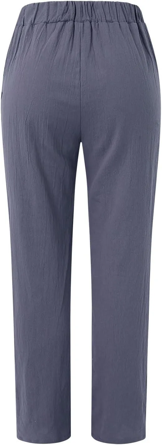 Linen Pants Women Linen Striped Elastic Waist Side Back Four Pockets 9/10 Pants Cotton Linen Casual Summer 2025 Straight