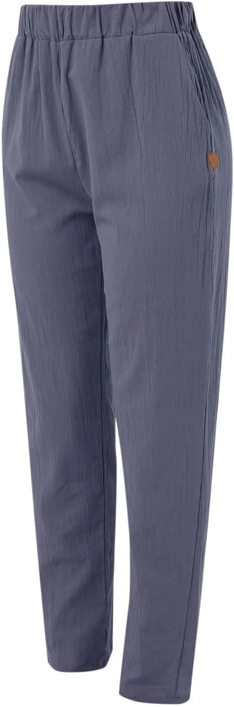 Linen Pants Women Linen Striped Elastic Waist Side Back Four Pockets 9/10 Pants Cotton Linen Casual Summer 2025 Straight