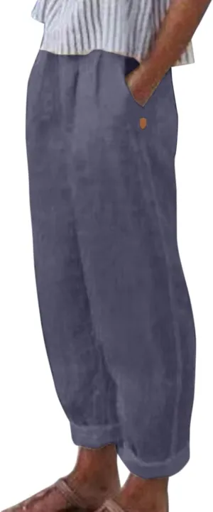 Linen Pants Women Linen Striped Elastic Waist Side Back Four Pockets 9/10 Pants Cotton Linen Casual Summer 2025 Straight