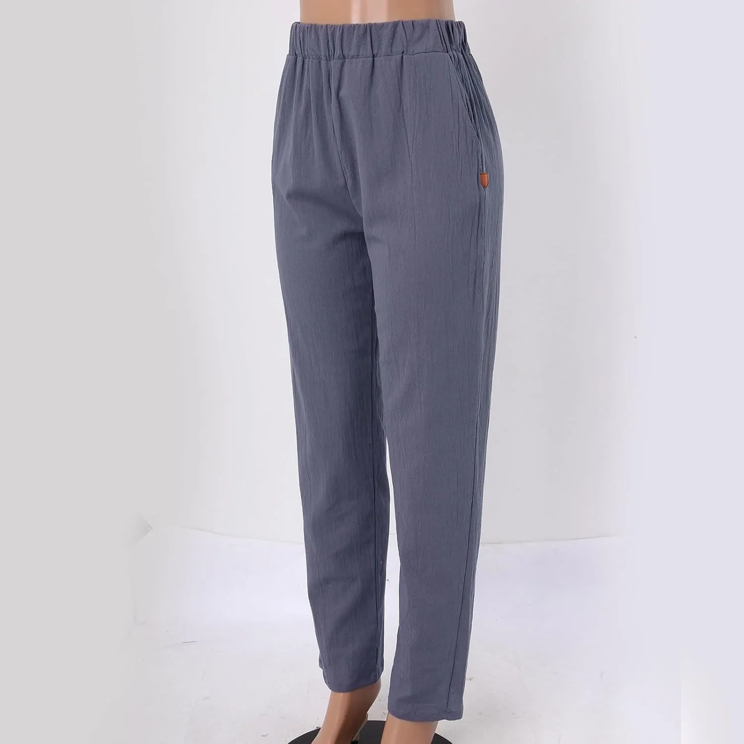 Linen Pants Women Linen Striped Elastic Waist Side Back Four Pockets 9/10 Pants Cotton Linen Casual Summer 2025 Straight