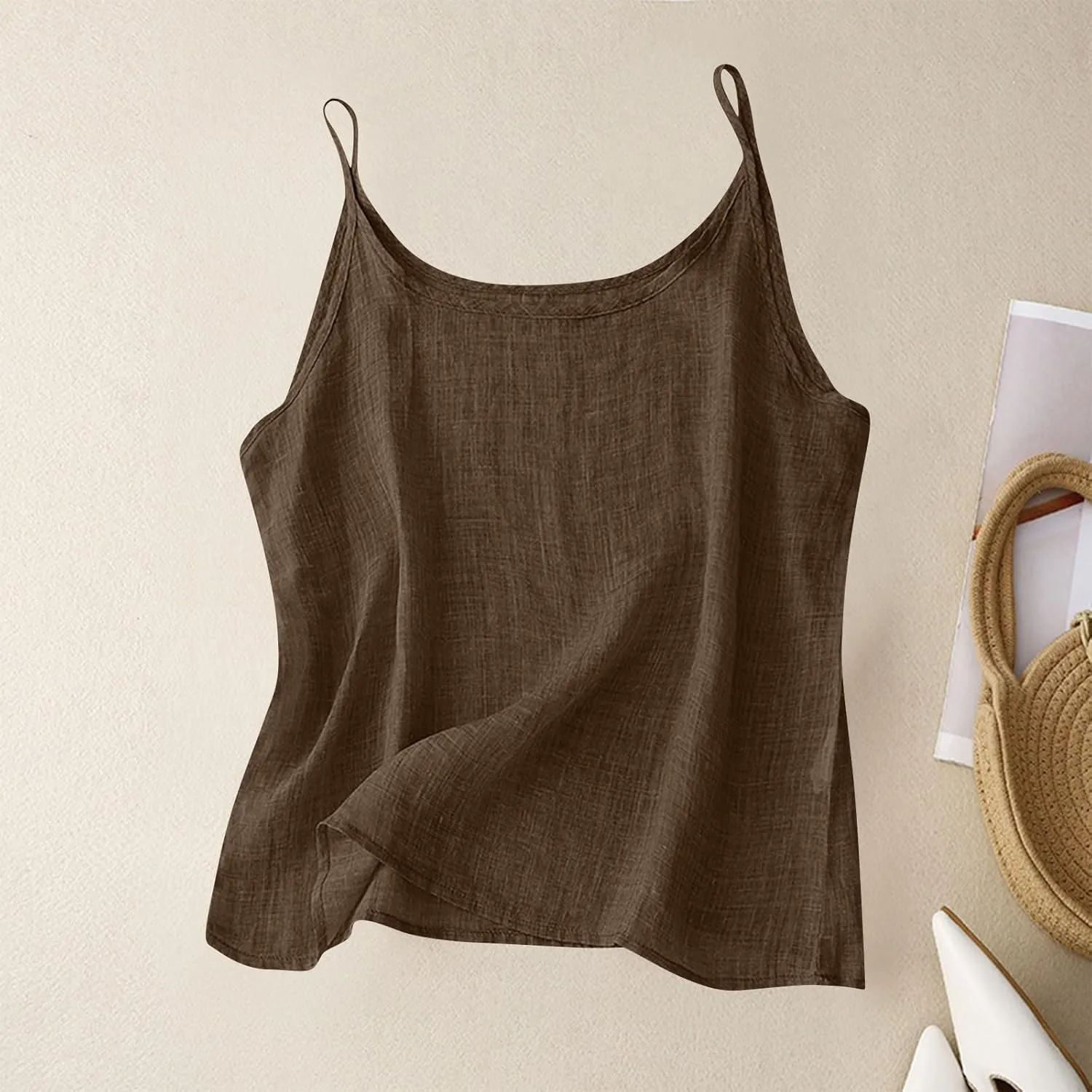 Linen Tops for Women Camisole Spaghetti Strap Tank Top Loose Casual Breathable Cotton Summer Shirts